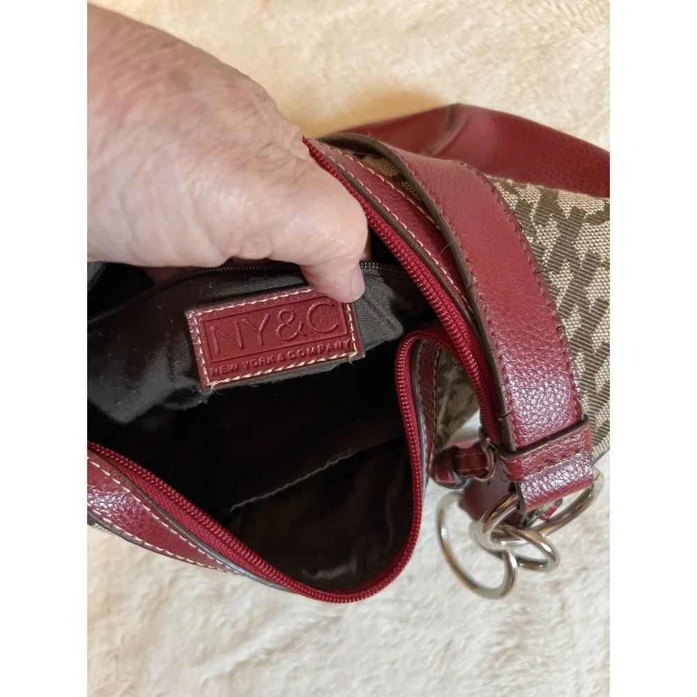 Y2K Red F Leather Trim Hobo Bag Brown Pattern Shoulder Purse Chunky silver ring